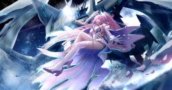 Rule 34 | 1girl, absurdres, aemeath (wuthering waves), arm up, asymmetrical footwear, bare shoulders, boots, breasts, commentary, elbow gloves, exostrider (wuthering waves), full body, glitch, gloves, high heel boots, high heels, highres, leotard, long hair, medium breasts, midair, night, open mouth, outdoors, pink hair, ponytail, single thigh boot, skirt, sky, smile, star (sky), starry sky, thigh boots, thighs, uneven footwear, very long hair, white boots, white gloves, white leotard, white skirt, wuthering waves, zuishangxi