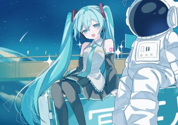 1girl 1other aqua_eyes aqua_hair aqua_necktie aqua_trim arm_tattoo astronaut black_skirt blush commentary detached_sleeves hair_between_eyes hair_ornament hatsune_miku helmet highres long_hair long_sleeves looking_at_viewer miniskirt necktie number_tattoo open_mouth pleated_skirt sitting skirt smile space_helmet spacesuit tattoo twintails very_long_hair vocaloid wide_sleeves yukia_1128