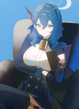 1girl ako_(blue_archive) arm_under_breasts bell black_hairband black_thighhighs blue_archive blue_background blue_eyes blue_hair blue_halo breasts clipboard closed_mouth commentary_request couch cowbell crossed_legs garter_straps gloves hair_between_eyes hairband half_gloves halo hand_up highres holding holding_clipboard large_breasts looking_at_viewer medium_hair neck_bell on_couch sideboob sideless_outfit sideless_shirt single_handcuff sitting sla2h_help solo thighhighs