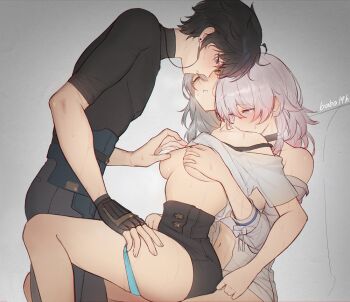 1boy 2girls baba19h bare_shoulders bisexual_female black_hair black_shirt black_skirt blue_panties blush clothes_lift dan_heng_(honkai:_star_rail) earrings ffm_threesome fingerless_gloves gloves grabbing_another's_breast grey_hair groping group_sex hetero honkai:_star_rail honkai_(series) jewelry march_7th_(honkai:_star_rail) multiple_girls navel panties panty_pull pink_hair shirt shirt_lift skirt stelle_(honkai:_star_rail) thigh_strap thighs threesome trailblazer_(honkai:_star_rail) turtleneck underwear white_shirt yellow_eyes