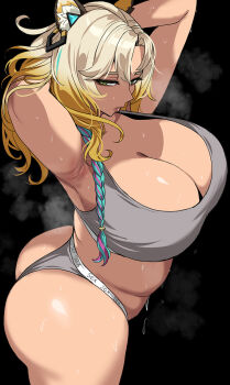 1girl animal_ear_fluff animal_ears armpits arms_up ass bare_arms bare_shoulders black_background blonde_hair braid breasts cleavage closed_mouth from_side genshin_impact green_eyes grey_panties hella_p highres huge_breasts long_hair looking_at_viewer looking_to_the_side panties plump simple_background solo steaming_body sweat underwear xilonen_(genshin_impact)