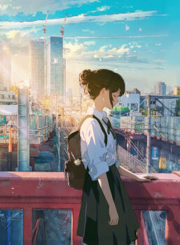 1girl backpack bag black_hair black_skirt blue_sky building city closed_eyes closed_mouth cloud collared_shirt commentary_request crane_(machine) hair_bun highres morning original outdoors power_lines railing railroad_tracks ryowelcome1 school_uniform shirt sidelocks skirt sky sleeves_rolled_up solo standing vanishing_point white_shirt window