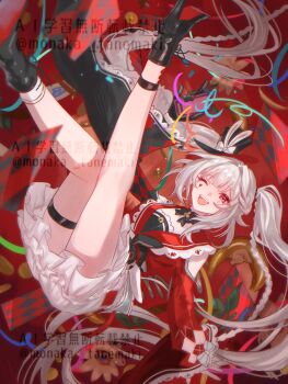 1girl black_boots black_gloves boots cellphone clothing_cutout commentary gloves high_heels highres holding holding_phone honkai:_star_rail honkai_(series) long_hair long_sleeves looking_at_viewer mark_under_both_eyes official_alternate_costume official_alternate_hair_color one_eye_closed open_mouth phone shoulder_cutout single_glove single_sock smartphone smile socks solo sparkle_(honkai:_star_rail) sparxie_(honkai:_star_rail) tanemaki_monaka teeth thigh_strap twintails upper_teeth_only very_long_hair white_socks wide_sleeves