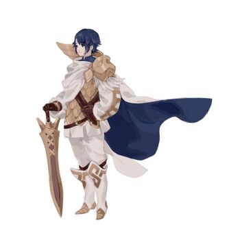 1boy alfonse_(fire_emblem) armor blue_hair c3ure cape commentary_request fire_emblem fire_emblem_heroes folkvangr_(fire_emblem) highres holding holding_sword holding_weapon looking_to_the_side male_focus nintendo scale_armor sword weapon