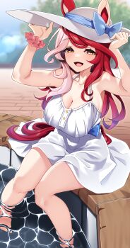 1girl :d absurdres animal_ears bare_shoulders blush breasts cleavage collarbone dress ears_through_headwear hair_between_eyes hat highres horse_ears horse_girl horse_tail large_breasts long_hair looking_at_viewer loves_only_you_(umamusume) multicolored_hair nebusoku open_mouth outdoors red_hair scrunchie smile solo sun_hat tail two-tone_hair umamusume white_dress white_hair wrist_scrunchie yellow_eyes