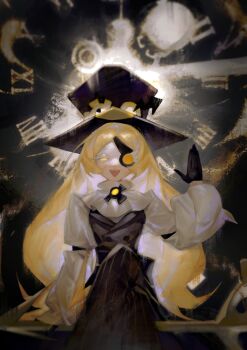 1girl :d absurdres alternate_skin_color arms_at_sides ascot backlighting black_background black_gloves black_hat black_pants black_vest blonde_hair breasts brooch buttons clock colored_eyelashes cookie_run cookie_run:_ovenbreak crossed_legs eyepatch eyewear_on_headwear feet_out_of_frame furrowed_brow gloves glowing glowing_eyes half_gloves hand_up hat high_collar highres humanization jewelry juliet_sleeves key knee_up la_bo_chu_shi large_key long_hair long_sleeves middle_part non-deformed on_weapon open_hand open_mouth oversized_object painterly pale_skin pants parted_bangs pinstripe_pants pinstripe_pattern puffy_sleeves raised_eyebrows ringed_eyes sitting small_breasts smile solo straight-on subsurface_scattering timekeeper_cookie top_hat triangle_mouth unconventional_broom very_long_hair vest waving white_ascot white_eyelashes white_sleeves wide_hair yellow_eyes