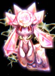 1girl animal_ears black_background bug butterfly chest_jewel chromatic_aberration closed_mouth colored_sclera colored_skin diancie female_focus gem gen_6_pokemon highres insect legendary_pokemon long_hair looking_at_viewer mythical_pokemon neverland+ nintendo pink_gemstone pink_hair pokemon pokemon_(creature) purple_skin red_eyes red_sclera sad simple_background solo tears twintails wide-eyed