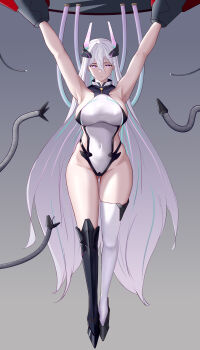 1girl absurdres aqua_pupils armpits arms_up asymmetrical_footwear azur_lane bare_shoulders black_boots blue_streaks boots breasts chinese_commentary commentary_request covered_navel gluteal_fold hair_between_eyes headgear highres impossible_clothes impossible_leotard kearsarge_(azur_lane) knee_boots large_breasts leotard long_hair looking_at_viewer mechanical_tentacles multicolored_leotard navel orchery pink_streaks purple_eyes restrained sideboob single_knee_boot single_thigh_boot solo stationary_restraints thigh_boots two-tone_leotard variant_set very_long_hair white_boots white_hair white_leotard
