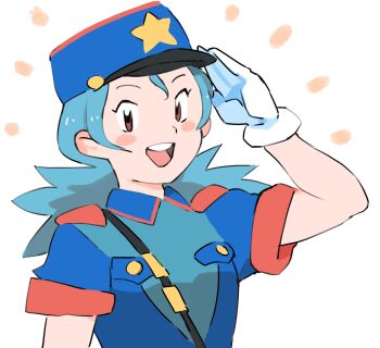 1girl :d blue_hair blue_hat blush_stickers commentary_request gan2 gloves hand_up hat highres jenny_(pokemon) long_hair nintendo open_mouth pokemon pokemon_(anime) pokemon_(classic_anime) police police_hat police_uniform policewoman red_eyes salute short_sleeves simple_background smile solo star_(symbol) teeth upper_teeth_only white_background white_gloves