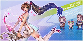 1girl 3boys akali akali_(legacy) breasts chibi cleavage english_text ezreal gameplay_mechanics garen_(league_of_legends) green_eyes hat high_heels highres hjz_(artemi) league_of_legends multiple_boys nurse nurse_akali nurse_cap one_eye_closed open_shoes ponytail shoes syringe teemo thighhighs thighs white_thighhighs wink yordle