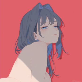 1girl absurdres blue_eyes blue_hair commentary drop_shadow from_behind hair_intakes highres hololive hololive_english long_hair looking_at_viewer ouro_kronii rcade red_background signature simple_background smile solo topless_female upper_body virtual_youtuber