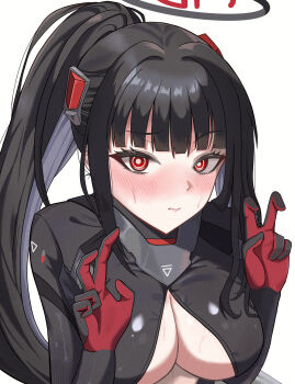 Rule 34 | 1girl, absurdres, black bodysuit, black hair, black halo, blue archive, blunt bangs, blush, bodysuit, breasts, bright pupils, cleavage, closed mouth, commentary request, double v, hair ornament, halo, highres, impossible bodysuit, impossible clothes, large breasts, latex, latex bodysuit, long hair, looking at viewer, multicolored halo, official alternate costume, official alternate hairstyle, open bodysuit, open clothes, partially unzipped, ponytail, red eyes, ringed eyes, rio (armed) (blue archive), rio (blue archive), shimako noru, sidelocks, simple background, skin tight, solo, sweat, two-tone halo, upper body, v, very long hair, white background, white pupils