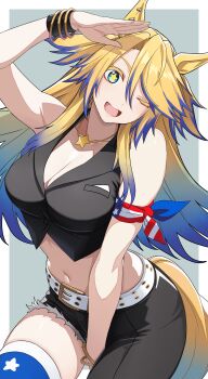 1girl absurdres american_flag_legwear animal_ears arm_ribbon asymmetrical_pants belt black_vest blonde_hair blue_eyes blue_hair breasts cleavage earrings highres horse_ears horse_girl horse_tail jewelry multicolored_hair necklace obey_your_master_(umamusume) one_eye_closed open_mouth reibun_(raven1119) ribbon smile solo star_(symbol) star_in_eye star_necklace striped_hair symbol_in_eye tail two-tone_hair umamusume umamusume:_cinderella_gray vest white_belt