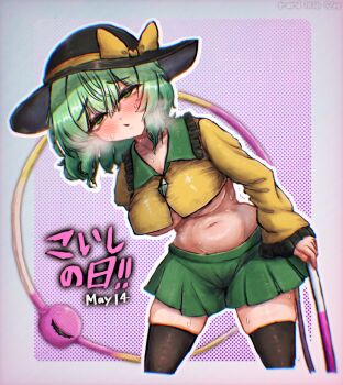 1girl black_hat black_thighhighs blush bow breasts cleavage commentary_request dated disembodied_linked_eye green_eyes green_hair green_sailor_collar green_skirt hat hat_bow highres hoop hula_hoop koishi_day komeiji_koishi leaning_on_person long_sleeves looking_at_viewer medium_hair rard_youtube sailor_collar shirt skirt solo stomach sweat thighhighs touhou underboob yellow_bow yellow_shirt
