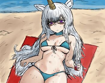 1girl absurdres animal_ears bad_perspective beach bikini black_souls black_souls_2 cup glasses highres holding holding_cup holding_glass horse_ears long_hair looking_at_viewer outdoors purple_eyes solo solo_focus sumikaww sweat swimsuit unicorn_girl unicorn_horn unis_(black_souls) white_hair