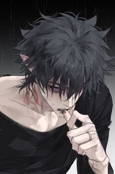 Rule 34 | 1boy, absurdres, aotu world, bite mark, biting, black hair, black shirt, blood, blood from mouth, blood on face, blood on hands, chinese commentary, clenched teeth, collarbone, cuts, eyelashes, fingernails, glint, gradient background, hair between eyes, hand up, highres, injury, jewelry, long sleeves, male focus, messy hair, nail biting, open mouth, pointy ears, purple eyes, rain, ray (aotu world), ring, scar, scar on neck, shirt, short hair, solo, teeth, upper body, wet, wet hair, yigeniuren