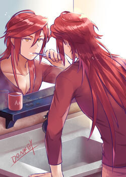 1boy aaron_wei aradonkey artist_name brushing_teeth eiyuu_densetsu highres kai_no_kiseki kuro_no_kiseki_(series) kuro_no_kiseki_i looking_at_mirror low_ponytail male_focus mirror mullet pectoral_cleavage pectorals ponytail red_hair red_shirt shirt simple_background solo yellow_eyes