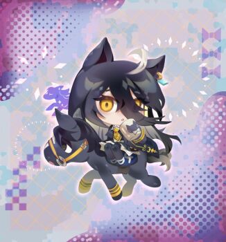 1girl ahoge animal_ears black_coat black_hair black_horse black_pantyhose blush bridle chibi coat coffee_mug collared_shirt creature_and_personification cup ear_tag earrings hair_between_eyes holding holding_cup horse horse_ears horse_girl horse_tail horseback_riding jewelry long_bangs long_hair long_hair_between_eyes long_sleeves looking_at_viewer manhattan_cafe_(creeping_black)_(umamusume) manhattan_cafe_(racehorse) manhattan_cafe_(umamusume) mug multicolored_hair necktie nova_borealis open_mouth pantyhose personification riding shirt single_earring skirt tail umamusume very_long_hair white_hair yellow_eyes yellow_necktie