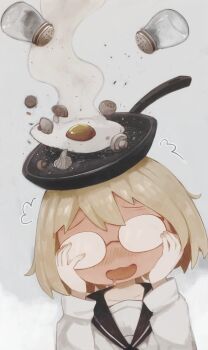 Rule 34 | 1girl, absurdres, black sailor collar, blonde hair, blush, drooling, fried egg, frying pan, glasses, grey background, hands on own face, highres, mouth drool, mushroom, open mouth, pepper (spice), pepper shaker, sailor collar, school uniform, shimeji simulation, shirt, short hair, steam, white shirt, yamashita majime, yubrich