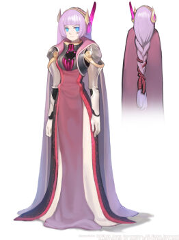 1girl arm_guards arms_at_sides artist_name black_hairband blunt_bangs bracer braid bright_pupils caesty cape closed_mouth colored_skin commentary_request copyright_notice dated_commentary dress english_text expressionless full_body hair_ribbon hairband korean_commentary long_hair looking_at_viewer low-braided_long_hair low-tied_long_hair mark_under_eye mother_(tales_weaver) nexon official_art production_art purple_cape purple_dress purple_ribbon ribbon robot_ears shadow simple_background solo standing tales_weaver watermark web_address white_background white_pupils white_skin