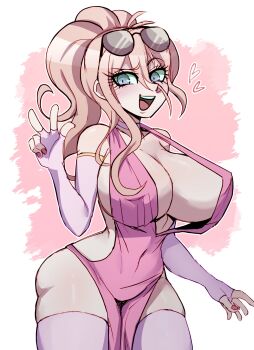 1girl blonde_hair blue_eyes breasts bridal_gauntlets center_opening choker commentary covered_navel danganronpa_(series) danganronpa_v3:_killing_harmony dress english_commentary eyewear_on_head heart highres huge_breasts iruma_miu open_mouth pink_dress ponytail purple_choker purple_nails purple_thighhighs raygrillmasta7 sleeveless sleeveless_dress smile solo sunglasses teeth thighhighs upper_teeth_only v