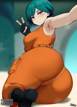 1girl armpits ass ass_focus bare_shoulders blush bodysuit boots breasts cameltoe dako_(dakosito) fingerless_gloves from_behind gloves green_eyes green_hair huge_ass looking_at_viewer medium_breasts mole mole_under_eye motorslice p_(motorslice) pants short_hair sideboob solo thick_thighs thighs v