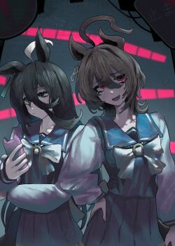 2girls absurdres agnes_tachyon_(umamusume) ahoge animal_ears blue_sailor_collar blue_shirt bow cellphone closed_mouth hair_between_eyes hand_on_own_hip highres holding holding_phone horse_ears horse_girl looking_at_viewer manhattan_cafe_(umamusume) multiple_girls open_mouth phone red_eyes rinka_(tonariuta) sailor_collar school_uniform shirt short_hair smartphone tracen_school_uniform umamusume white_bow white_sleeves wolf_cut yellow_eyes