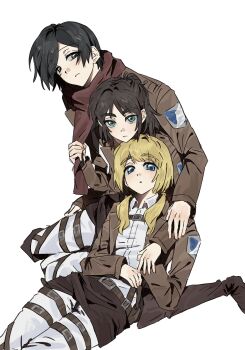 1boy 2girls absurdres adjusting_another&#039;s_clothes armin_arlert black_hair blonde_hair blue_eyes boots brown_boots brown_hair brown_jacket collared_shirt eren_yeager genderswap genderswap_(ftm) genderswap_(mtf) green_eyes grey_eyes hair_bun hair_over_shoulder hair_tie half_updo highres jacket long_hair low_twintails medium_hair mikasa_ackerman military_jacket multiple_girls negiii_to_1 panties parted_bangs red_scarf scarf shingeki_no_kyojin shirt short_hair survey_corps_(emblem) twintails underwear white_background white_panties white_shirt
