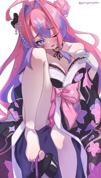 1girl ahoge alcohol armpit_crease artist_name bare_shoulders bell black_bow black_kimono black_sandals blue_eyes blush bow breasts check_translation choko_(cup) cleavage collarbone cup fang feet floral_print floral_print_kimono flower gloves hair_bun hair_flower hair_intakes hair_ornament highres hololive hololive_dev_is japanese_clothes kikirara_vivi kimono long_hair looking_at_viewer medium_breasts multicolored_hair nail_polish neck_bell off_shoulder official_alternate_costume on_one_knee one_eye_closed open_mouth pink_bow pink_hair pink_nails poruporupriiin print_kimono purple_hair sake sandals shoe_dangle shoes single_hair_bun single_side_bun solo star_(symbol) star_print toenail_polish toenails translation_request twitter_username two-tone_hair very_long_hair virtual_youtuber white_background white_gloves