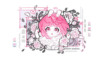 1girl animal animal_ears artist_name barachan cable english_text female_focus flower head heart icon_(computing) looking_at_viewer medium_hair original pale_skin parted_lips pink_eyes pink_hair plant plug rabbit rabbit_ears rose solo speech_bubble vines white_flower white_rose window_(computing)