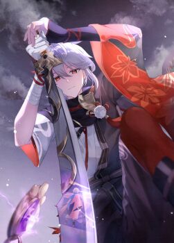 1girl 2boys arms_up asymmetrical_sleeves bandaged_arm bandages black_shorts blonde_hair broken closed_mouth cloud cloudy_sky commentary_request electricity expressionless faceless faceless_female faceless_male floating friends from_behind from_below genshin_impact glowing grey_sky hair_between_eyes highres holding holding_sword holding_weapon japanese_clothes jewelry kaedehara_kazuha katana kazuha&#039;s_friend_(genshin_impact) kimono light_particles looking_down multicolored_hair multiple_boys namimenou on_one_knee outdoors pendant purple_kimono raiden_shogun red_eyes red_socks reflection reflection_focus shade shorts sky socks solo_focus standing storm streaked_hair sword uneven_sleeves vision_(genshin_impact) weapon white_hair wide_sleeves