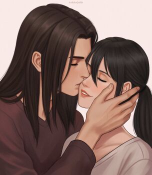 1boy 1girl artist_name black_hair brown_hair brown_sweater closed_eyes couple eren_yeager grey_background hair_between_eyes hand_on_another&#039;s_cheek hand_on_another&#039;s_face hetero highres karikasarin kiss kissing_cheek long_hair mikasa_ackerman parted_bangs parted_lips ponytail shingeki_no_kyojin sweater upper_body white_sweater
