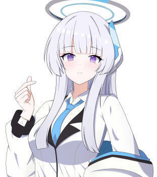 1girl blue_archive blue_necktie blush breasts halo highres jacket large_breasts long_hair looking_at_viewer mechanical_halo necktie negpastalia noa_(blue_archive) purple_eyes shirt smile solo white_jacket white_shirt