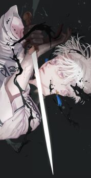 1boy bishounen black_nails black_skin colored_skin commentary_request dynamic_pose earrings elva_(lullaby_of_the_dawn) eyelashes floating_earrings gradient_skin grey_background highres holding holding_sword holding_weapon jewelry liquid long_sleeves looking_at_viewer lullaby_of_the_dawn male_focus pale_skin parted_lips purple_eyes short_hair simple_background solo sword water weapon white_hair yuno_ichikawa