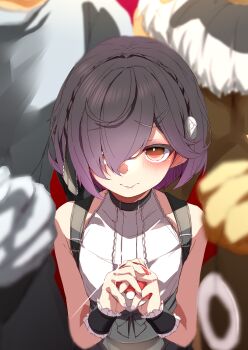 1boy 2girls 2others backpack bag biting_own_lip blush frilled_wrist_cuffs frills hair_ornament hair_over_one_eye hairclip highres holding holding_poke_ball multiple_girls multiple_others nervous nintendo osanai_sanday poke_ball poke_ball_(basic) pokemon purple_hair purple_nails solo_focus webp-to-png_conversion wrist_cuffs