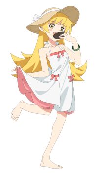 1girl absurdres blonde_hair blush_stickers bracelet collarbone donut dress eating fang feet food full_body hat highres holding holding_donut holding_food jewelry long_hair monogatari_(series) open_mouth oshino_shinobu pink_dress pink_ribbon pointy_ears ri-el ribbon solo standing standing_on_one_leg straw_hat two-tone_dress white_background white_dress yellow_eyes