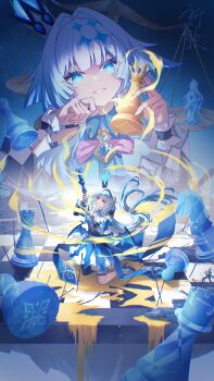 Rule 34 | 1girl, absurdres, aqinorz, arrow (projectile), artist name, balance scale, bare shoulders, blue eyes, blue fire, blue hair, cerydra (honkai: star rail), chess piece, chessboard, crown, detached sleeves, fire, high heels, highres, holding, holding chess piece, honkai: star rail, honkai (series), hysilens (honkai: star rail), kneeling, knight (chess), long hair, long sleeves, looking at viewer, mini crown, pawn (chess), rook (chess), single thighhigh, solo, thighhighs, weighing scale, white hair, wings