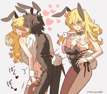 1boy 1girl alternate_costume andre_grandier animal_ears black_leotard blonde_hair blue_eyes breasts brown_hair brown_pants brown_pantyhose brown_vest grabbing_another&#039;s_breast grabbing_from_behind grey_background groping half-closed_eyes heart highres implied_sex leotard leotard_pull long_hair long_sleeves medium_hair meremero nipples one_eye_closed oscar_francois_de_jarjayes pants pantyhose playboy_bunny rabbit_ears sex sex_from_behind shirt sketch small_breasts standing standing_sex strapless strapless_leotard torn_clothes torn_pantyhose twitter_username versailles_no_bara very_long_hair vest white_shirt wrist_cuffs