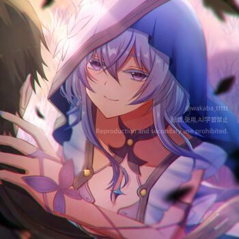 Rule 34 | 0roshioji3ran, 1boy, 1girl, armlet, artist name, black hair, blue hair, blue veil, chromatic aberration, closed mouth, colored eyelashes, commentary request, hair between eyes, jewelry, long hair, looking at another, male rover (wuthering waves), purple eyes, reaching, reaching towards another, rover (wuthering waves), shorekeeper (wuthering waves), smile, solo focus, two-tone veil, upper body, veil, white veil, wuthering waves