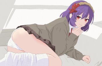 1girl :3 absurdres alternate_costume ass brown_jacket brown_skirt closed_mouth commentary_request double-parted_bangs doubutsu_koujou grey_background hair_between_eyes hairband hand_on_own_chin highres jacket kneehighs knees_up light_blush long_sleeves looking_at_viewer loose_socks lying maple_leaf_hair_ornament medium_hair miniskirt naughty_face neck_ribbon on_bed on_side panties partial_commentary plaid_clothes plaid_skirt presenting presenting_ass purple_hair red_eyes red_ribbon ribbon rope shimenawa shirt skirt smile socks solo thighs touhou underwear white_panties white_shirt white_socks yasaka_kanako