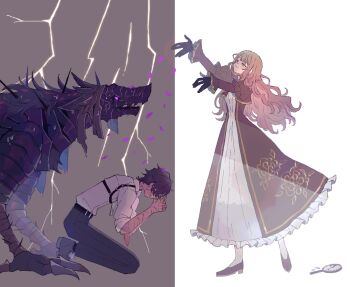 1girl arms_up black_footwear black_gloves broken_mirror brown_dress brown_eyes brown_hair catherine_(project_moon) crying distortion dress frilled_dress frilled_sleeves frills full_body gloves gold_trim highres kneeling limbus_company long_hair mirror nito petals project_moon rain shoes split_screen spoilers thunder wolf