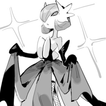 Rule 34 | black dress, black gloves, bob cut, dress, elbow gloves, fishnet thighhighs, fishnets, gardevoir, gen 3 pokemon, gloves, greyscale, hair over one eye, looking at viewer, lowres, mega gardevoir, mega pokemon, monochrome, nintendo, parted lips, pokemon, pokemon (creature), raine (acke2445), simple background, sparkle, strapless, strapless dress, thighhighs, white background