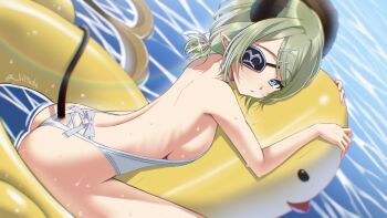 1girl ass breasts brown_horns curled_horns demon_girl demon_horns demon_tail eyepatch from_behind green_eyes green_hair highres honey_strap horns inflatable_duck inflatable_toy looking_at_viewer looking_back medium_breasts nanashi_inc. one-piece_swimsuit ryokuoushoku_hitode sekishiro_mico shiny_skin short_hair sideboob solo swimsuit tail virtual_youtuber water wet white_one-piece_swimsuit