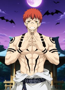 1boy absurdres arm_tattoo black_nails chest_tattoo cosplay cosplay_photo crossover domain_expansion emiya_shirou extra_eyes facial_tattoo fate/stay_night fate_(series) forehead_tattoo four_eyes halloween highres japanese_clothes jujutsu_kaisen looking_at_viewer male_focus muscular orange_hair pectorals photo_(medium) red_eyes red_hair reiichi_543448 ryoumen_sukuna_(jujutsu_kaisen) ryoumen_sukuna_(jujutsu_kaisen)_(cosplay) short_hair shoulder_tattoo smile spiked_hair tattoo wrist_tattoo yellow_eyes