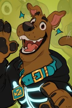 absurdres animal_ears artist_name black_jacket brown_fur claws collar commentary dear_aiden dog dog_ears dog_tail english_commentary fortnite highres jacket looking_at_viewer name_tag open_mouth pawpads scooby-doo scooby-doo_(character) skeleton_print smile tail whiskers