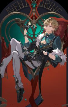 Rule 34 | 1boy, aqua shirt, aventurine (honkai: star rail), black gloves, blonde hair, clothing cutout, collared shirt, commentary request, earrings, fur-trimmed jacket, fur trim, gloves, hair between eyes, highres, holding, honkai: star rail, honkai (series), jacket, jewelry, looking at viewer, male focus, mochuuuuuuu, multicolored eyes, neck tattoo, pants, pectoral cleavage, pectorals, poker chip, shirt, short hair, smile, solo, spade cutout, tattoo, two-tone eyes, watch, white pants, wristwatch