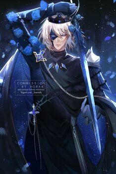 1boy alternate_costume armor blonde_hair blue_eyes chain closed_mouth commentary commission crown dainsleif_(genshin_impact) flower genshin_impact gloves hair_between_eyes highres holding holding_sword holding_weapon hora_k long_sleeves looking_at_viewer male_focus mask pauldrons short_hair shoulder_armor single_pauldron solo sword thorns weapon