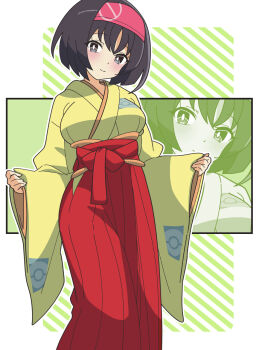 1girl black_eyes black_hair blush breasts closed_mouth erika_(pokemon) hairband hakama hakama_skirt highres japanese_clothes kanbei_(pixiv11037490) kimono large_breasts looking_at_viewer nintendo pokemon pokemon_frlg red_hairband red_hakama short_hair skirt smile yellow_kimono