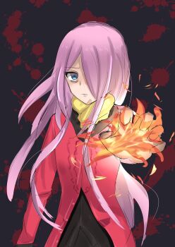 1girl arrivederci_r blood blood_splatter blue_eyes chaos;child coat fire gloves haida_riko hair_over_one_eye highres jacket long_hair looking_at_viewer pink_hair pyrokinesis red_jacket scar scar_on_chin scar_on_face scarf science_adventure solo sparks very_long_hair