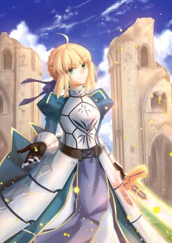 1girl ahoge andychen662000 armor armored_dress armored_gloves artoria_pendragon_(fate) blonde_hair blue_bow blue_sky bow braid braided_bun bun_with_braided_base cloud dress excalibur_(fate/stay_night) fate/stay_night fate_(series) gauntlets glastonbury_abbey green_eyes hair_bow hair_bun highres holding holding_sword holding_weapon outdoors real_world_location saber_(fate) sidelocks sky solo sword weapon